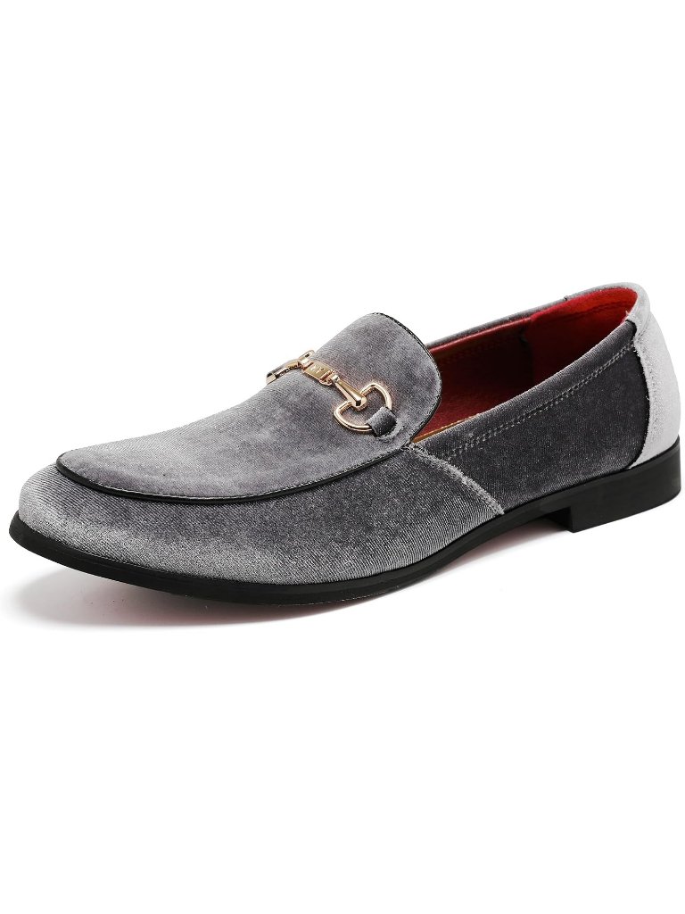 Lcql Men's Silver Grey Leather Velvet Loafer Gold Buckle Slip On Luxury Shoes
